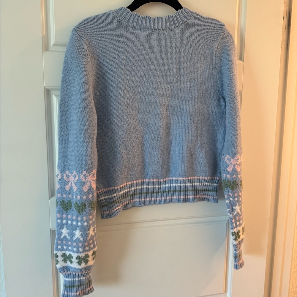 LoveShackFancy Cutie Knit Zaheer Pullover Blue With Pink Bows Size XS - Picture 3 of 6